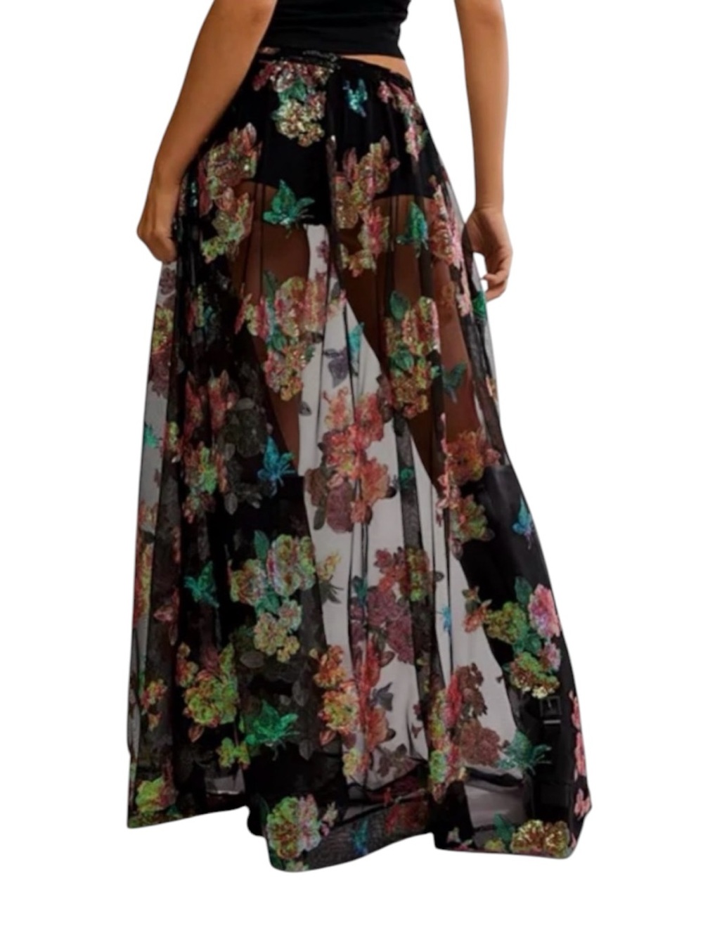 Free People Fioritura Sequin Floral Sheer Maxi Skirt Black Multi Size 4 NWT - Picture 3 of 8